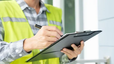 Man writing on clipboard wearing hi-vis jacket