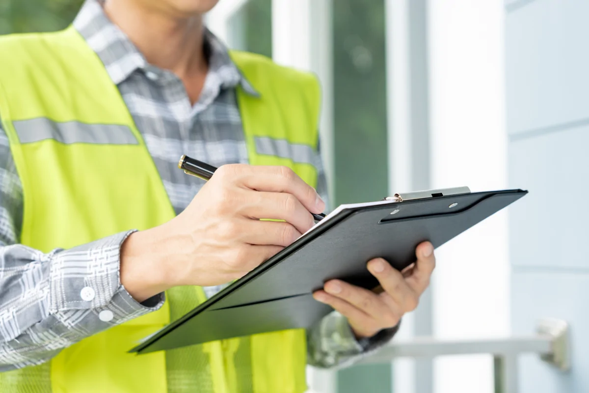 Man writing on clipboard wearing hi-vis jacket