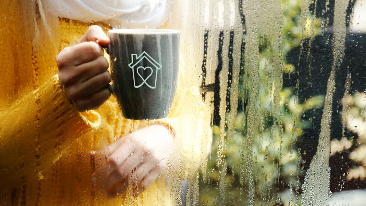 Woman holding a mug behind glass with condensation