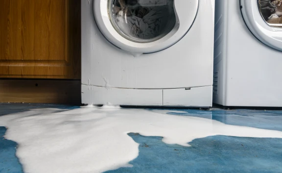 Washing machine leaking water onto blue kitchen floor
