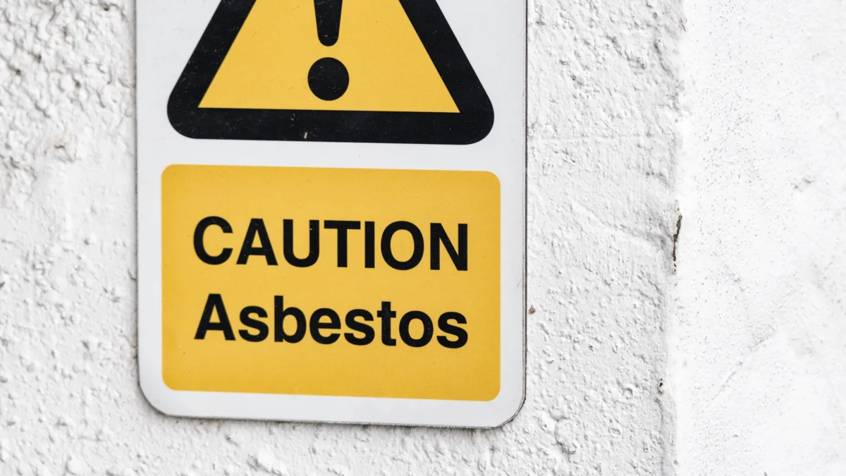 A yellow warning sign saying caution asbestos