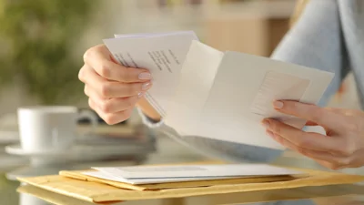 Woman opening a letter at a table