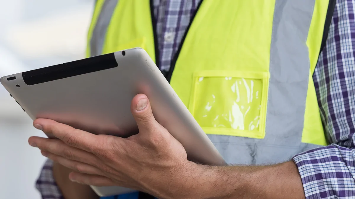Surveyor wearing a hi-vis jacket and holding an ipad