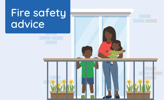 Graphic of mother and two children on balcony for fire safety advice