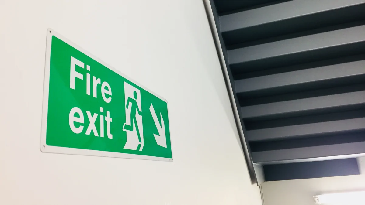 Image shows a fire exit sign on a stairwell