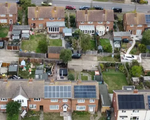 Aerial image of houses with solar panels